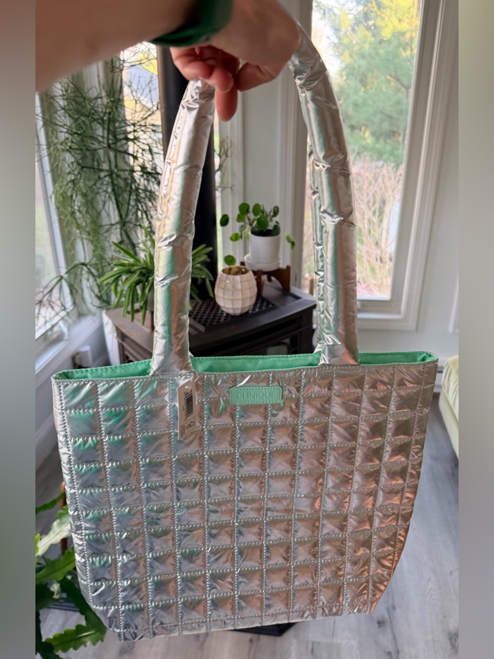 Clinique Large Silver Puffy Tote w Mint Green Interior NEW with Tag Attached